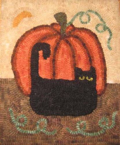 Primitive rug hooking kit, hooked, pumpkin cat, linen, wool