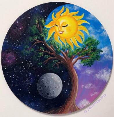 SUN MOON YIN YANG 1'' Lustrous German Silver Charm Pendant 22'' Necklace TREE LIFE