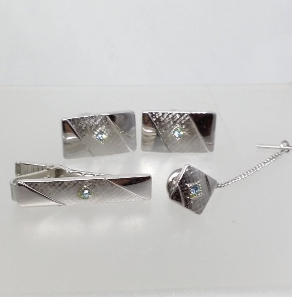 Sarah Coventry Silvertone Cufflinks Tie Tack Clip, Blue Rhinestone Men's Jewelry