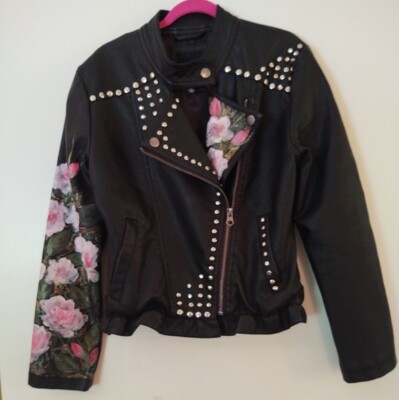 Hand-Painted 'Leather' Jacket Studded & Hand painted with flowers & dragonfly  -