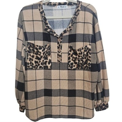 Macaron Boutique Animal Print Plaid Blouse with Front Pockets NWOT size Small