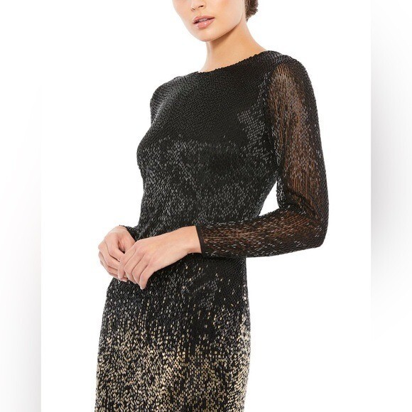 Pre-owned Mac Duggal 93584 Long Sleeve Beaded Fringe Evening Gown Size 18 Black Gold