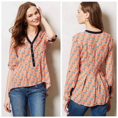 Vanessa & Virginia Anthropologie tiger print top Size 0 blouse orange popover, used for sale  Shipping to Canada