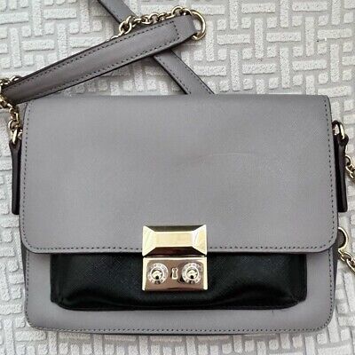 Henri Bendel Gray & Black Crossbody Bag with Gold Chain and Hardware