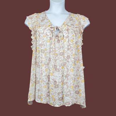 Old Navy Yellow Floral Print Tie Neck Ruffle Trim Top Size XL NWT