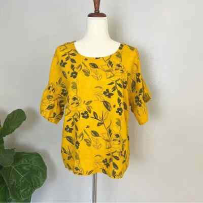 ELENA BALDI Women's Size S Gold Floral Print Linen Ruffle Half Sleeve Blouse