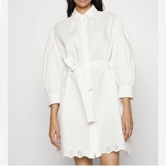 Pre-owned Max Mara Corinto Linen Blend White Button Down Belted Shirt Dress Size L