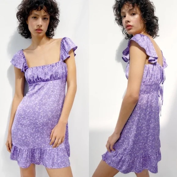 ZARA Purple Satin Wrap dizzy floral Dress ruffle cami Large