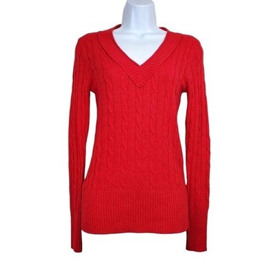 Loft Womens Long Sleeve Red V-Neck Wool Blend Cable Knit Sweater Size XS NWT
