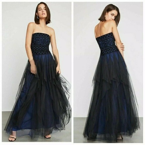 Pre-owned Bcbgmaxazria Strapless Embroidered Lace Evening Gown Tulle Navy And Black Sz 8 In Blue