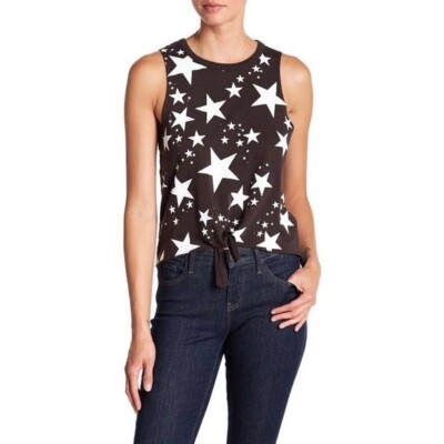 CHASER Black/White Star Print Tie Front Muscle Tank Top XS