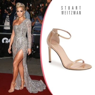 $450 Stuart Weitzman Nudist Ankle Strap Sandal PATENT adobe