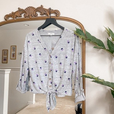 E&M Women s S Polka Dot Front Tie Cardigan Gray/Purple