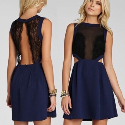 BCBGeneration Navy Blue Black Lace Inset Pleated Skirt Cutout Side Mini Dress 4