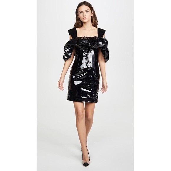 Pre-owned Sandra Mansour Faux Patent Leather Ruffled Dress Size 38 (us4) Run Small In Black