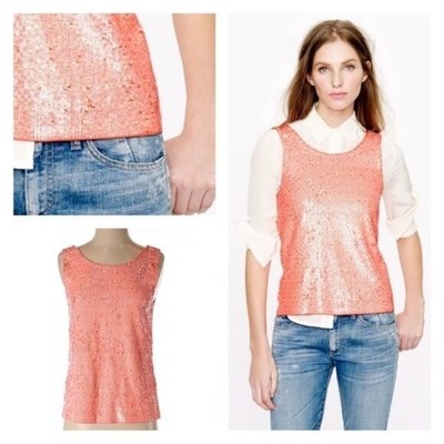 J CREW Neon Peach Coral Orange Heathered Sequin Tank Top Shell Cami size XS NEW