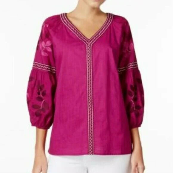 Charter Club Embroidered Bubble-Sleeve Top Women's XL Fuchsia V-Neck 3/4 Sleeve - Picture 1 of 16