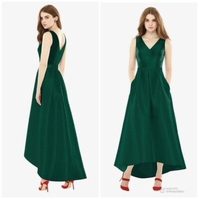 Alfred Sung Hunter Green Satin D723S Pleated High Low Formal Dress Size 10 NWT