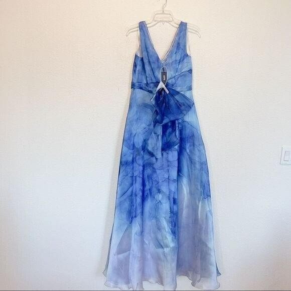 Pre-owned Marchesa Notte V-neck Printed Organza Gown Us2 In Blue