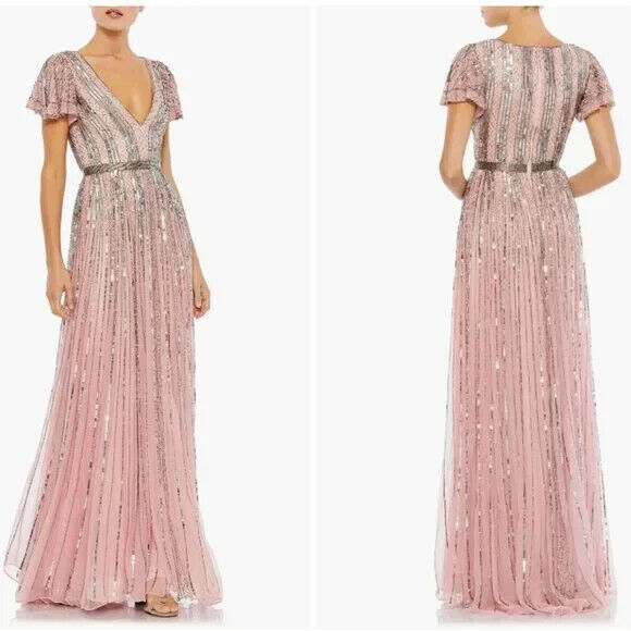 Pre-owned Mac Duggal Rose Pink Stripe Sequin Embellished Evening Gown Size 6 $498