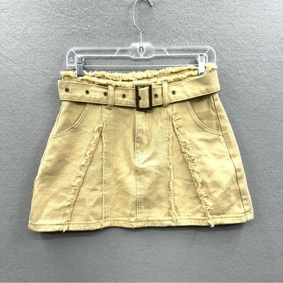 Khaki Denim Mini Skirt Size S Belted Distressed Raw Hem Beige Pockets Y2K 90s