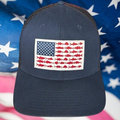 Columbia PFG Performance Blue Red Fish Flag Mesh Unisex Snapback Adult Cap Hat