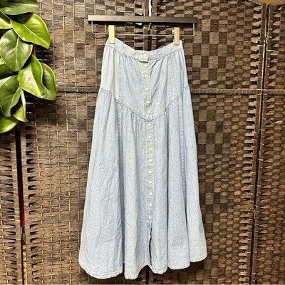 Vintage Y2K denim flare Aline maxi skirt size XS small light blue button up