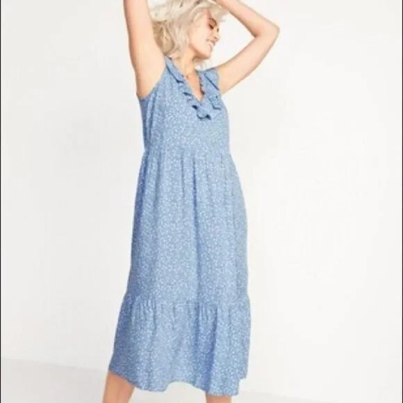 

Платье миди Old Navy Blue с цветочным принтом и рюшами, размер, Синий