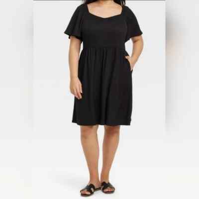 Ava & Viv Plus Size 1X Textured Stretch Flutter Sleeve Dress Black LBD