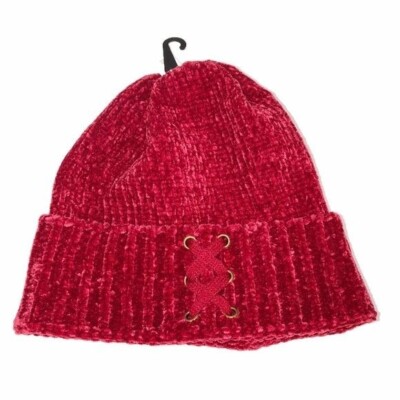 Simply Noelle Womens Knit Cap Hat Red Chenille Shoe Lace Detail Warm  Unisex NEW