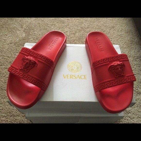 Versace Men's Palazzo Medusa Greek Logo RED Slides Flip Flops size 7-11.5
