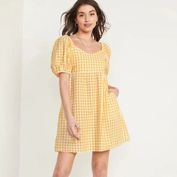 

Платье из хлопчатобумажной ткани Old Navy в мелкую клетку с объемными рукавами и расклешенными рукавами, размер XL для миниатюрных, Желтый