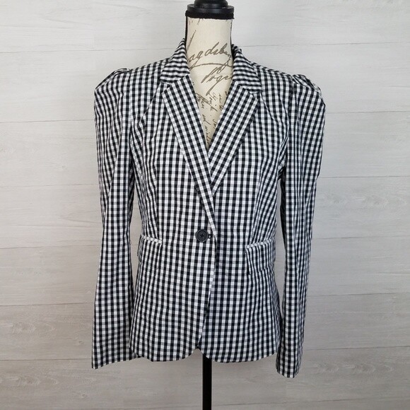 WHO WHAT WEAR Gingham Silky Blazer NWT Size Large White Black Puffy Shoulder