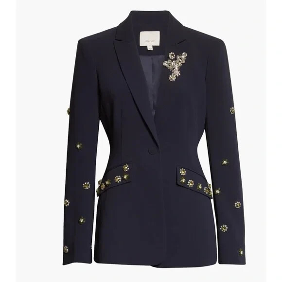NEW Cinq A Sept Cheyenne Rhinestone Flower Blazer in Navy