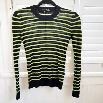 Veronica Beard Black & Lime Green Stripe Linen Blend Dean Sweater Size Small
