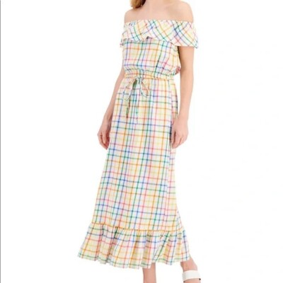 Style & CO Women XL Rainbow Sun Ray Gingham Off The Shoulder Maxi Dress NWT BD87