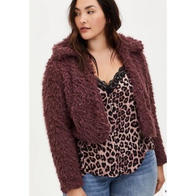 $79.50 NWT TORRID 00 M/L Rose Plum Faux Fur Open Front Crop Sherpa Fuzzy