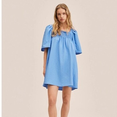 Mango Blue Square Ruched Neck Babydoll Dress Size 6