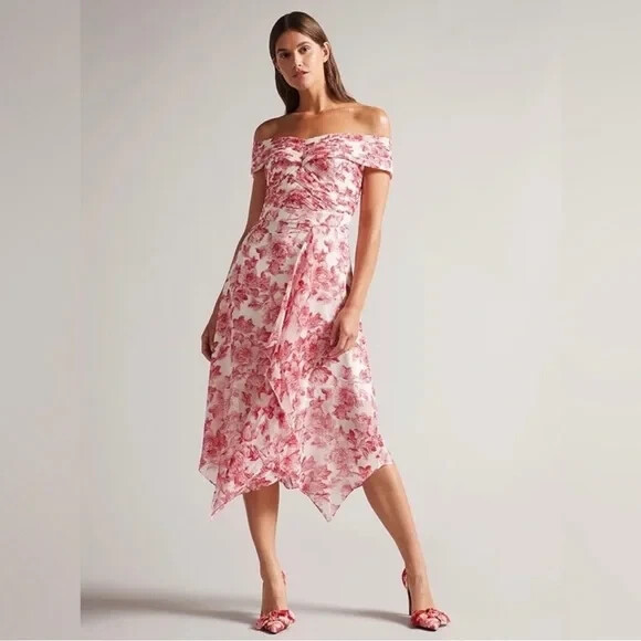 Ted Baker London Ivory Red Eloisi Off Shoulder Midi Dress TB Sz 6 US Sz 14 $445