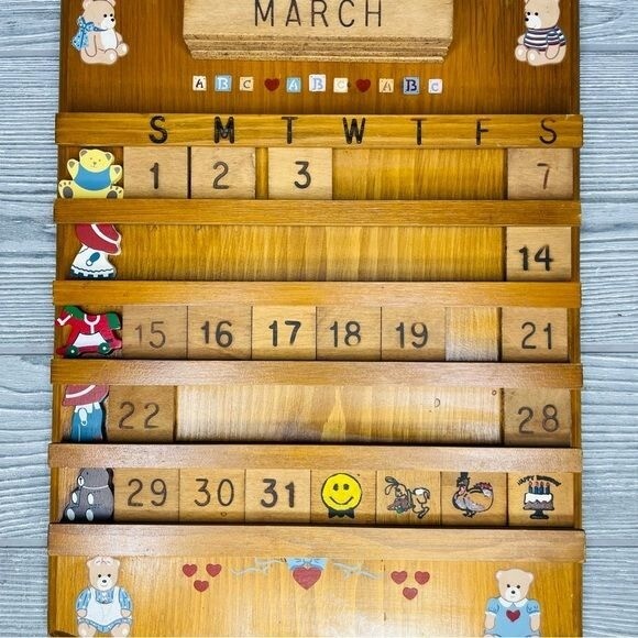 Vintage Wood Hand Made Perpetual Wall Calendar w/ bears and hearts missing parts