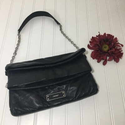DKNY Donna Karan New York Black Leather Fold Over Chain Strap Purse Shoulderbag