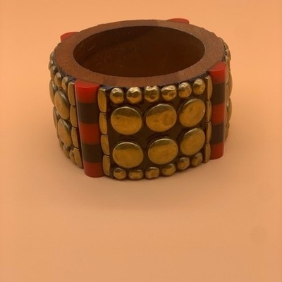 Wide Wooden Bangle Bracelet Red Black Wood Beaded Boho Statement