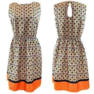 Koton sz 6 tan, orange, & teal silky sleeveless floral fit & flare short dress