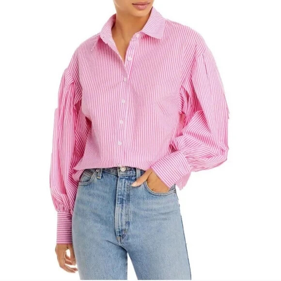 Aqua Womens Stripe Puff Sleeve Button Down Shirt, Hot Pink