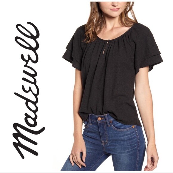 

MADEWELL Черный хлопковый топ с текстурой и нитью из жаккарда с рюшами и многоуровневыми рукавами  0/2