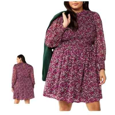 NEW Draper James Plum $119 Floral Smocked Long Sleeve Chiffon  Dress  XXL~16