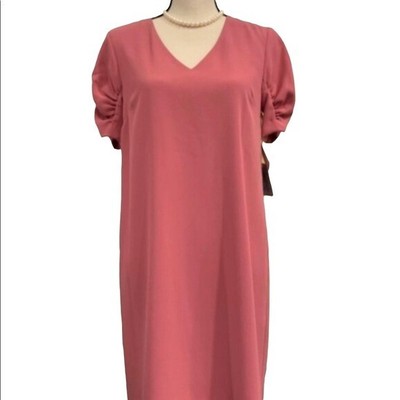 CeCe Coral Pink V Neck Zip Closure Short Ruched Sleeve Mini Shift Dress 4