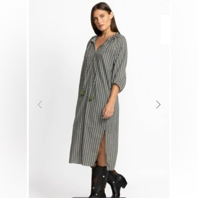 Johnny Was Calme Split Ruffle Neck Midi Dress With Tassels Green Black XXL