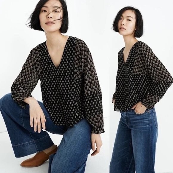 

MADEWELL Черный топ с длинными прозрачными рукавами и принтом пейсли, БОЛЬШОЙ, Multicolor