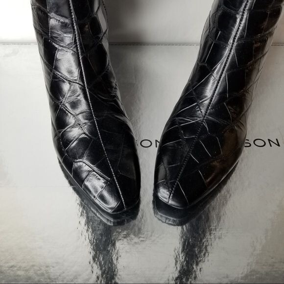 Pre-owned Sigerson Morrison Women's Black Paislee Croc Leath Knee High Boot 37- 0162, 0163